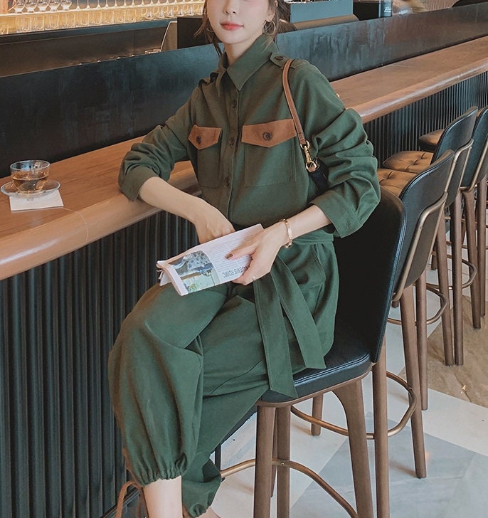 Military Green Jumpsuit, Korean Designer Style Playsuit High Waisted Street Fashion for Casual/ Party/ Outdoors/ Gift for her