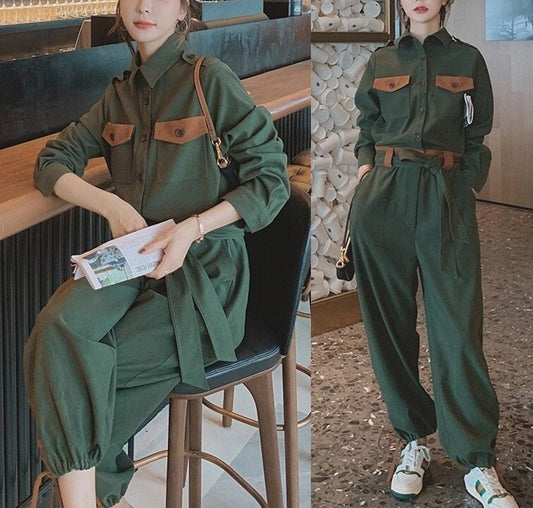 Military Green Jumpsuit, Korean Designer Style Playsuit High Waisted Street Fashion for Casual/ Party/ Outdoors/ Gift for her