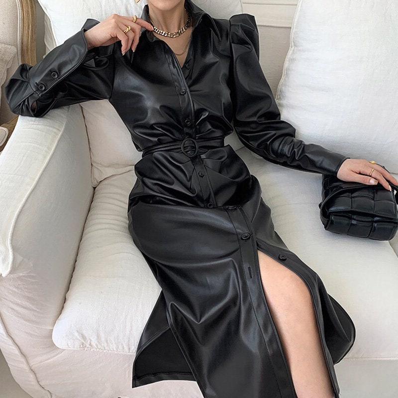 All Black One Piece Dress, Deisgner Woman Long PU Dress Korean Minimalist Style for Formal/ Smart Casual/ Gift for her