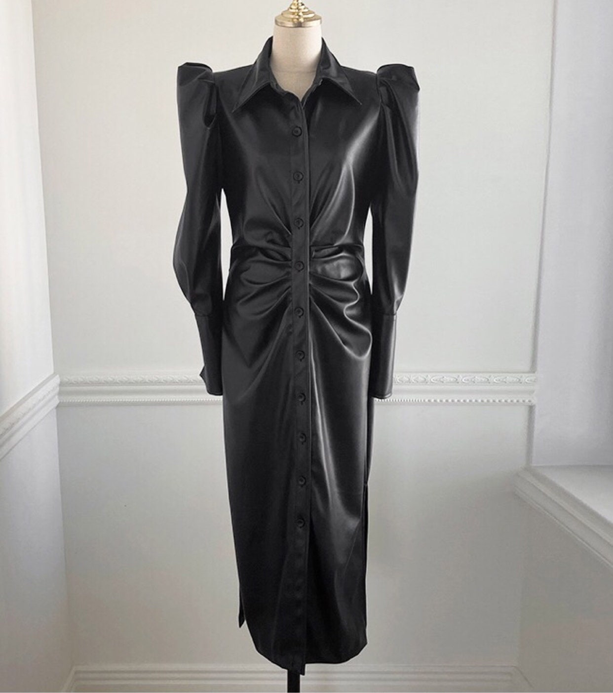 All Black One Piece Dress, Deisgner Woman Long PU Dress Korean Minimalist Style for Formal/ Smart Casual/ Gift for her