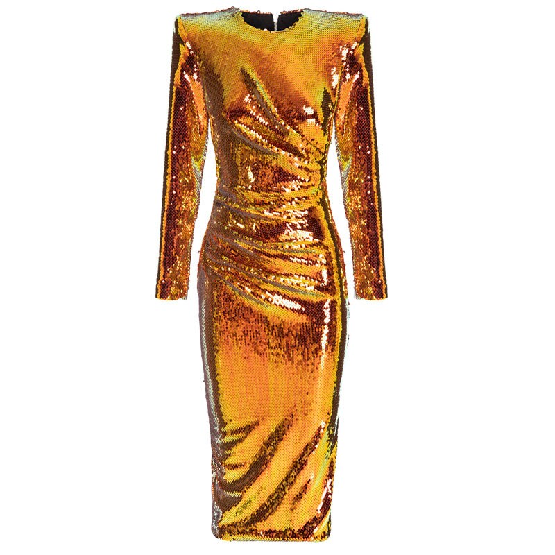 Multicolor Gold One Piece Sequin Dress, Designer Woman Prom Dress Slim Cut Fashion for Smart Casual/ Formal/ Party/ Event/ Gift for her