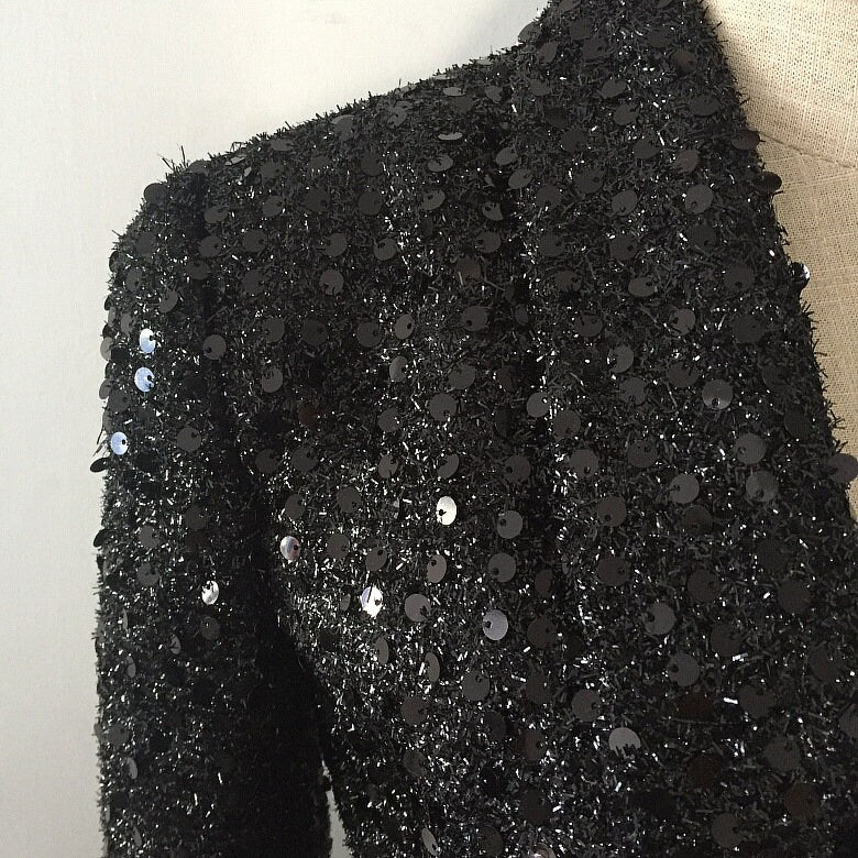 Black Sequin Double Row Buttons Long Blazer, Designer Woman Shiny Suit Jacket Silm Cut Model Catwalk for Party/ Event/Formal/ Gift for her