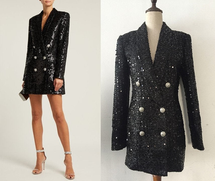 Black Sequin Double Row Buttons Long Blazer, Designer Woman Shiny Suit Jacket Silm Cut Model Catwalk for Party/ Event/Formal/ Gift for her