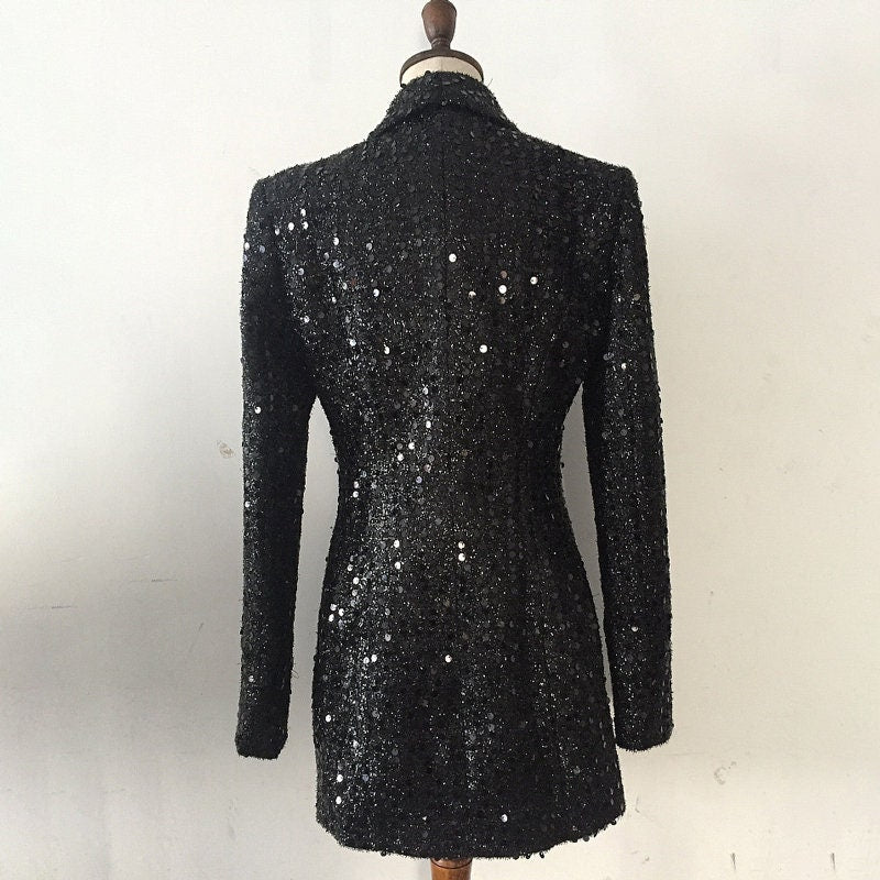 Black Sequin Double Row Buttons Long Blazer, Designer Woman Shiny Suit Jacket Silm Cut Model Catwalk for Party/ Event/Formal/ Gift for her