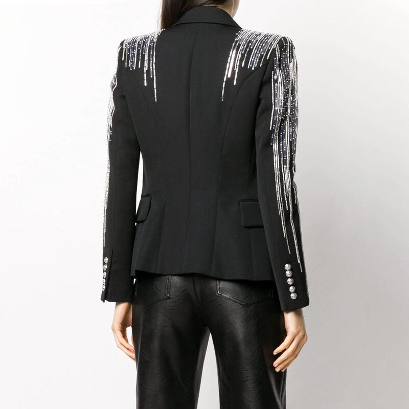 Metallic Art Blazer, Designer Woman Black Suit Jacket Rock Metal Slim Cut for Smart Casual/ Formal/ Music Event/ Gift for her