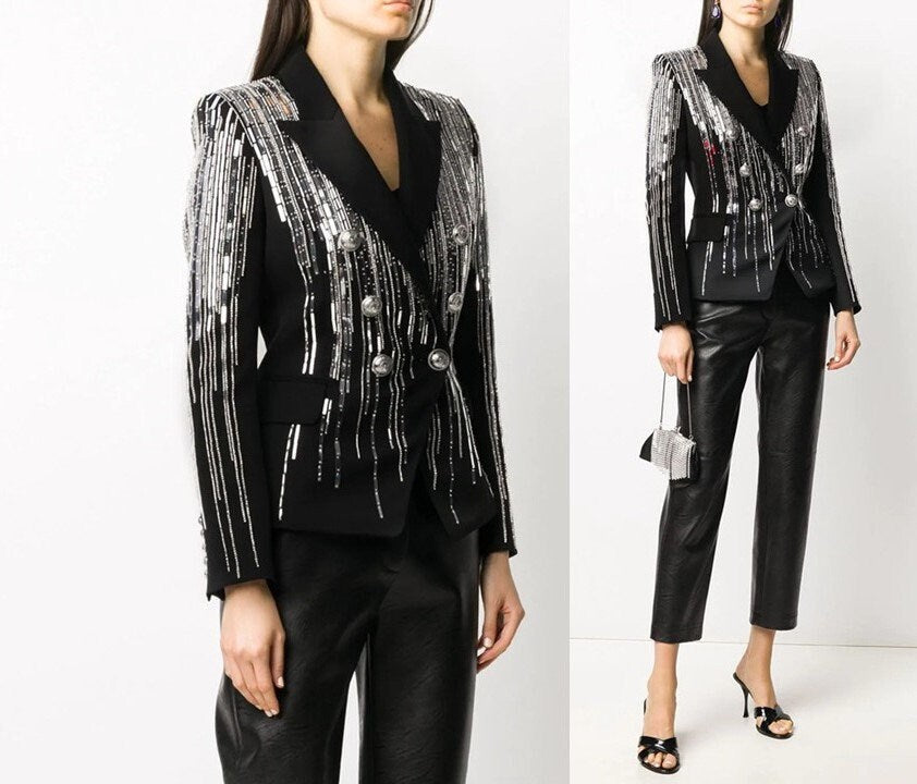 Metallic Art Blazer, Designer Woman Black Suit Jacket Rock Metal Slim Cut for Smart Casual/ Formal/ Music Event/ Gift for her