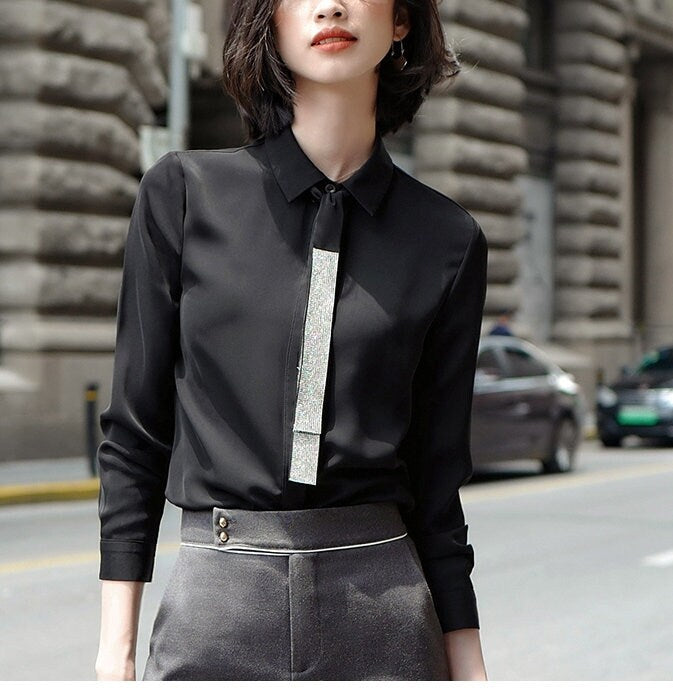 Woman Blouse with Tie, Designer Collar Button Shirt in Black/ White/Green for Smart Casual/ Formal/ Office Lady/ Gift for her