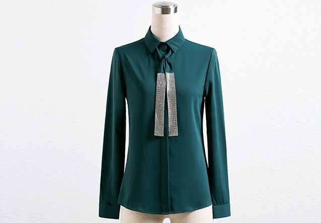 Woman Blouse with Tie, Designer Collar Button Shirt in Black/ White/Green for Smart Casual/ Formal/ Office Lady/ Gift for her