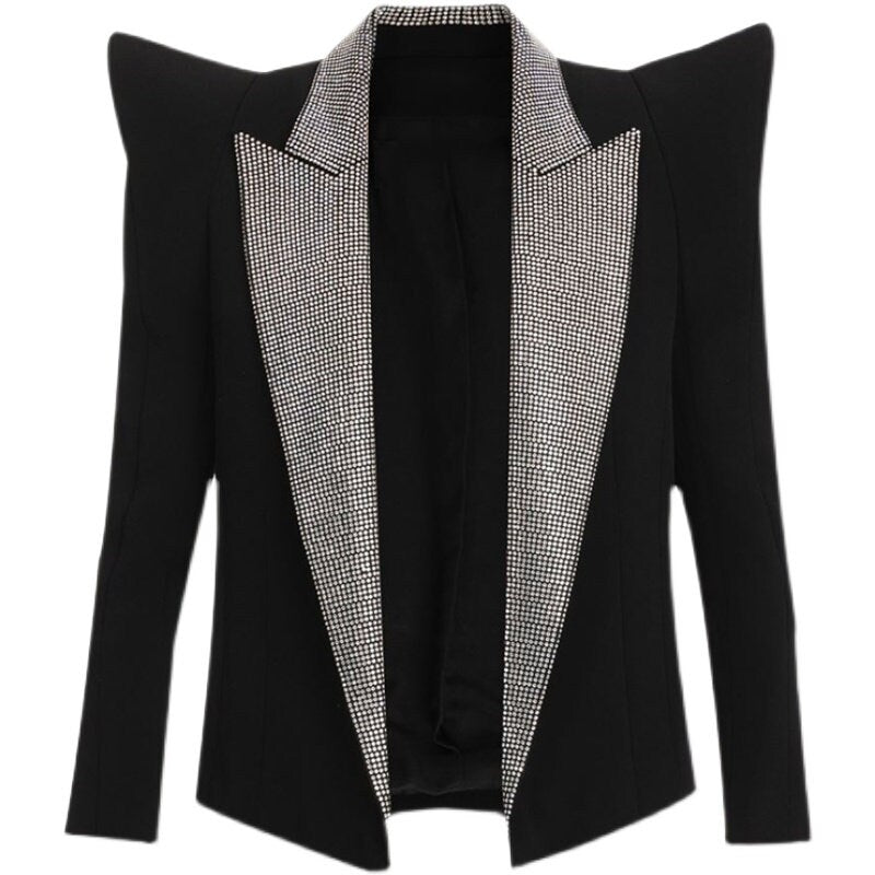 Black Silver Collar Blazer, Designer Woman Suit Jacket Big Shoulder Shiny Sequin Model Catwalk for Smart Casual/ Formal/ Event/ Party