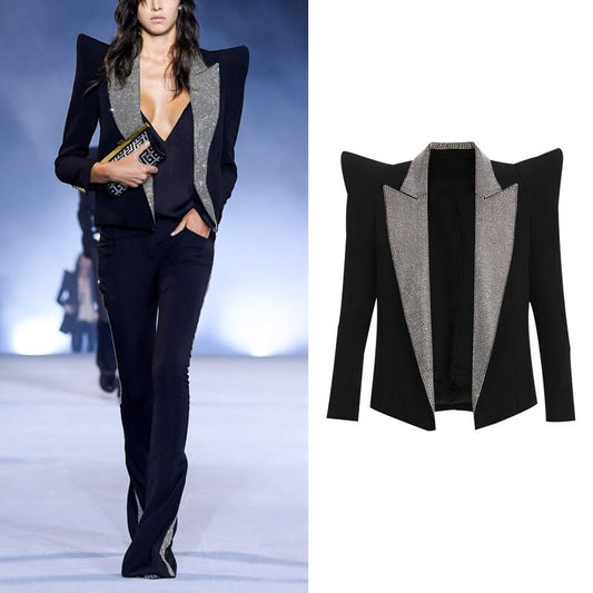 Black Silver Collar Blazer, Designer Woman Suit Jacket Big Shoulder Shiny Sequin Model Catwalk for Smart Casual/ Formal/ Event/ Party