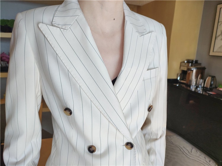 White Striped Pattern Pantsuit, Designer Woman Suit Jacket + Pant Set Slim Cut Modern Korean Style for Smart Casual/ Formal/ Gift for her