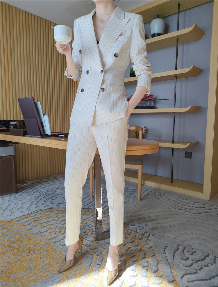 White Striped Pattern Pantsuit, Designer Woman Suit Jacket + Pant Set Slim Cut Modern Korean Style for Smart Casual/ Formal/ Gift for her