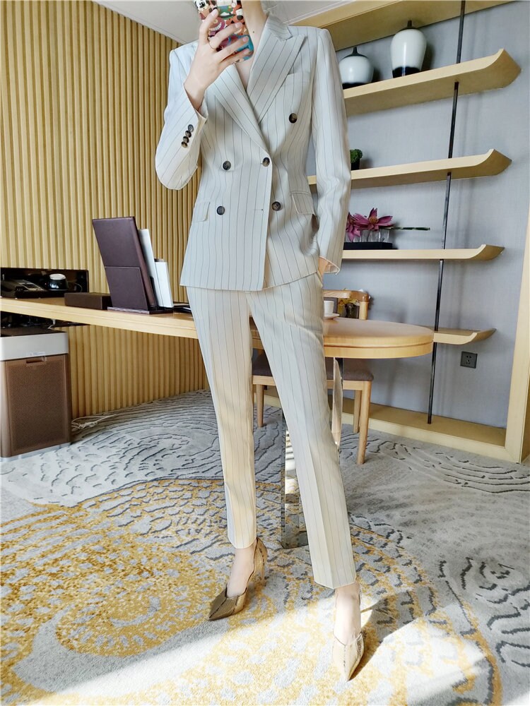 White Striped Pattern Pantsuit, Designer Woman Suit Jacket + Pant Set Slim Cut Modern Korean Style for Smart Casual/ Formal/ Gift for her