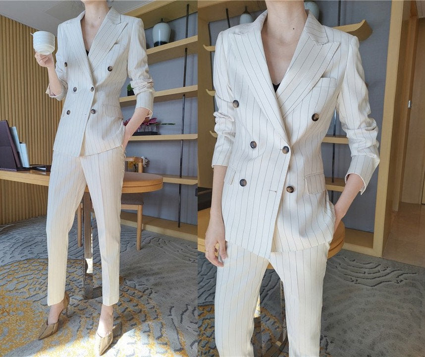 White Striped Pattern Pantsuit, Designer Woman Suit Jacket + Pant Set Slim Cut Modern Korean Style for Smart Casual/ Formal/ Gift for her