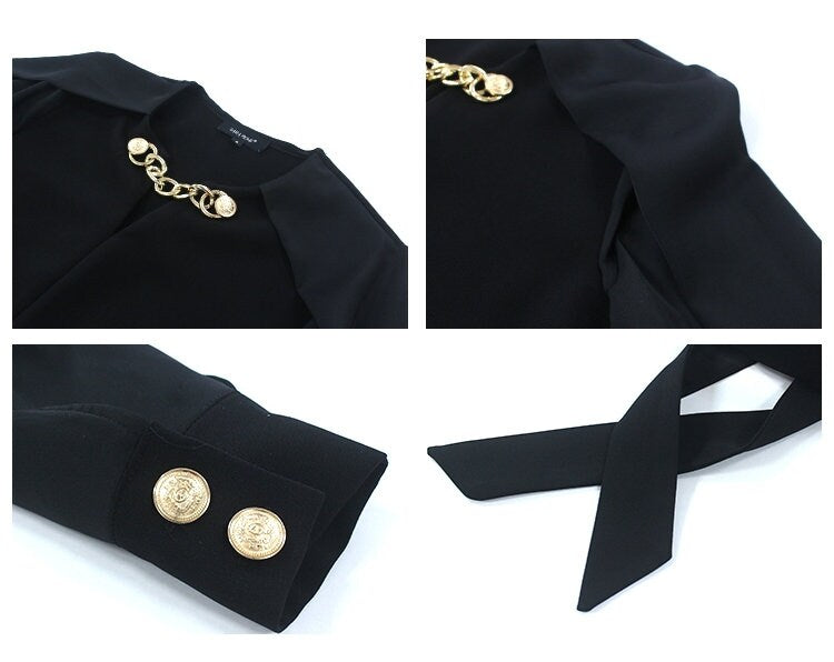 Black Chiffon One Piece Dress, Designer Golden Necklace Minimalist Style for Smart Casual/ Formal/ Party/ Gift for her