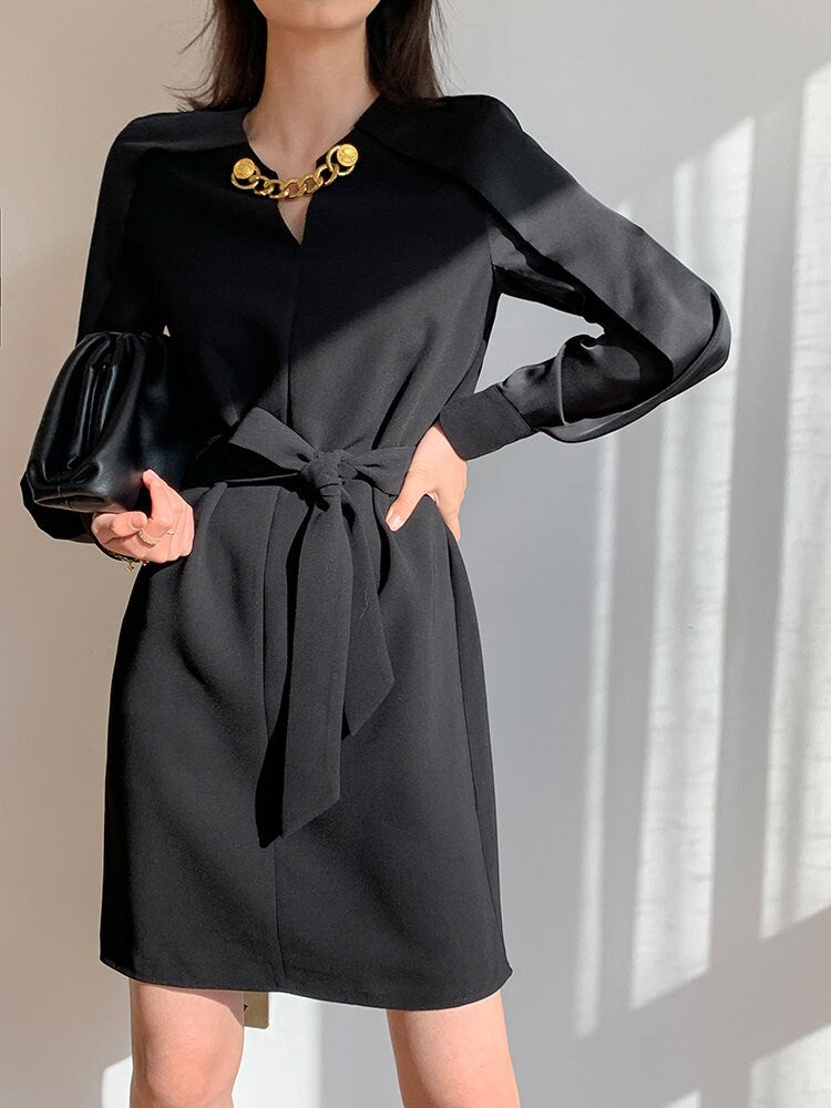 Black Chiffon One Piece Dress, Designer Golden Necklace Minimalist Style for Smart Casual/ Formal/ Party/ Gift for her