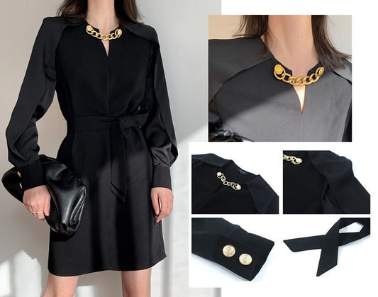 Black Chiffon One Piece Dress, Designer Golden Necklace Minimalist Style for Smart Casual/ Formal/ Party/ Gift for her