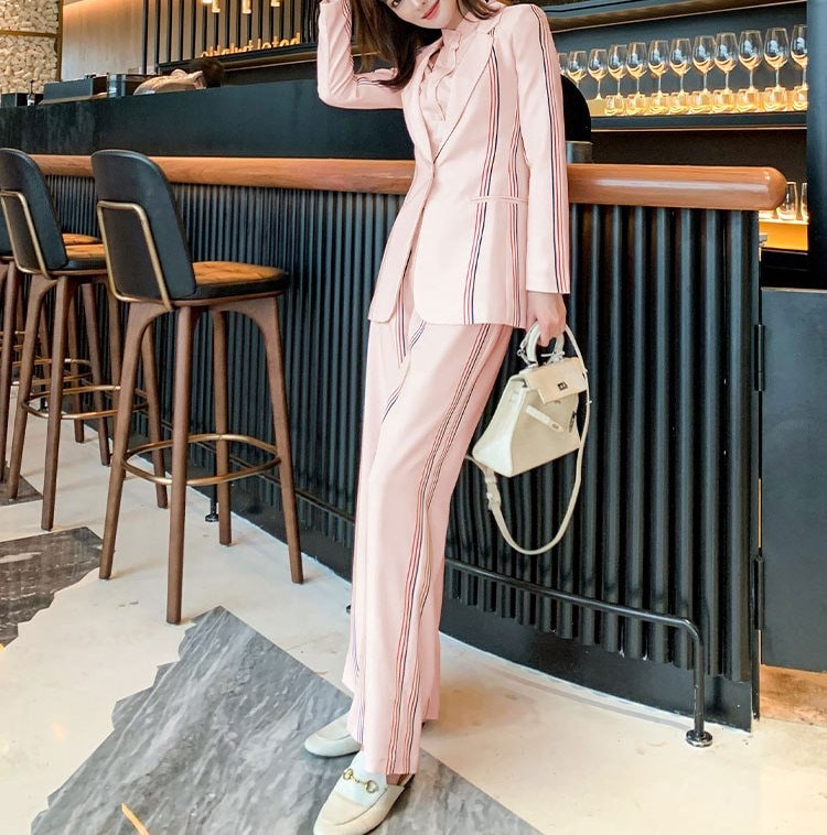 Pink Striped Pantsuit Set(Blazer+Pants+Blouse), Designer Woman Suit Jacket set Slim Cut for Smart Casual/ Formal/Event/ Gift for her