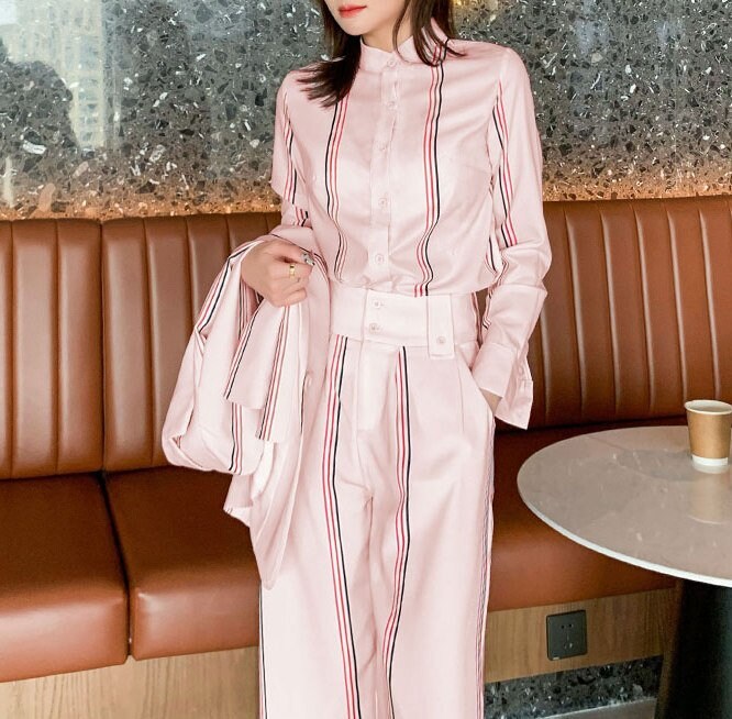 Pink Striped Pantsuit Set(Blazer+Pants+Blouse), Designer Woman Suit Jacket set Slim Cut for Smart Casual/ Formal/Event/ Gift for her