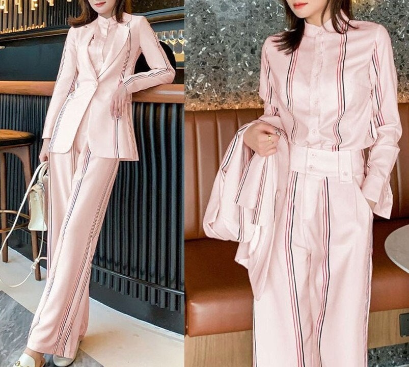 Pink Striped Pantsuit Set(Blazer+Pants+Blouse), Designer Woman Suit Jacket set Slim Cut for Smart Casual/ Formal/Event/ Gift for her