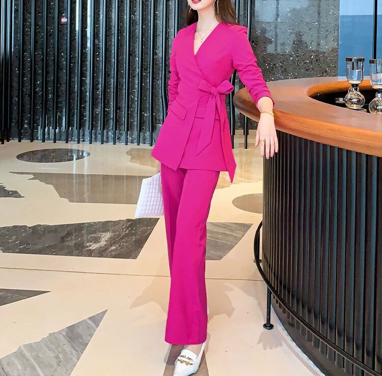 Black/Shocking Pink Pantsuit, Designer Woman Suit Jacket + Boot Cut Pant Minimalist Style Slim Cut Formal/ Event/ Party/ Office/Work suit