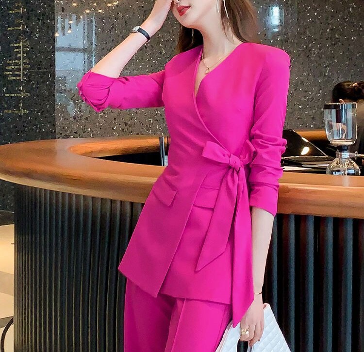 Black/Shocking Pink Pantsuit, Designer Woman Suit Jacket + Boot Cut Pant Minimalist Style Slim Cut Formal/ Event/ Party/ Office/Work suit