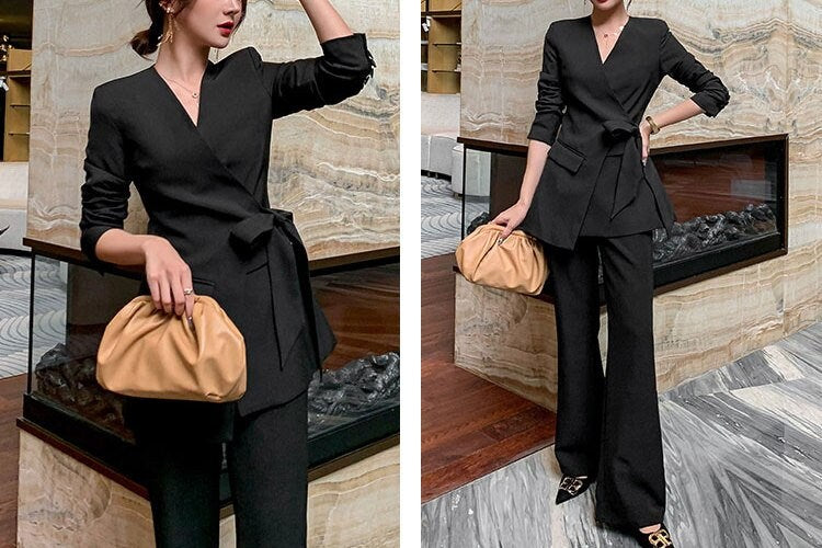 Black/Shocking Pink Pantsuit, Designer Woman Suit Jacket + Boot Cut Pant Minimalist Style Slim Cut Formal/ Event/ Party/ Office/Work suit