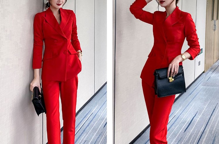 Red Office Pantsuit, Designer Woman Suit Jacket + Pants Silm Cut for Smart Casual/ Formal/ Event/ Party/ Work