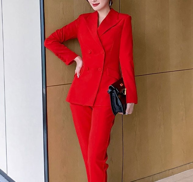 Red Office Pantsuit, Designer Woman Suit Jacket + Pants Silm Cut for Smart Casual/ Formal/ Event/ Party/ Work