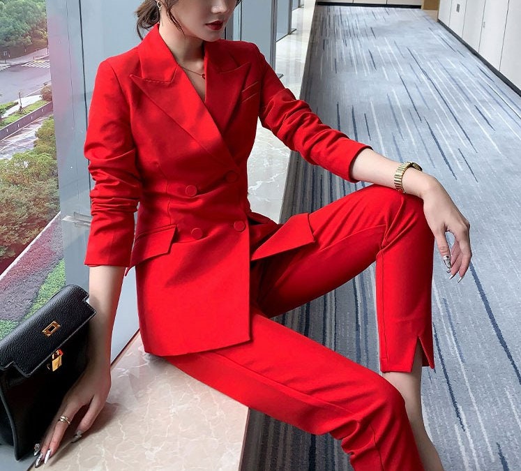 Red Office Pantsuit, Designer Woman Suit Jacket + Pants Silm Cut for Smart Casual/ Formal/ Event/ Party/ Work