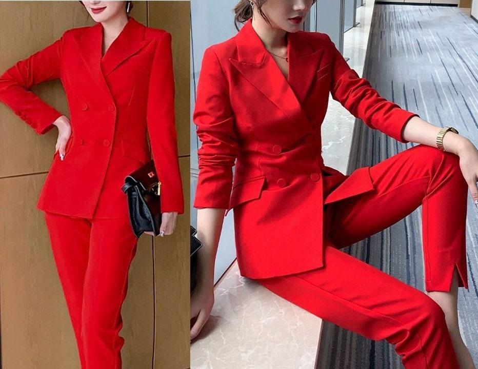 Red Office Pantsuit, Designer Woman Suit Jacket + Pants Silm Cut for Smart Casual/ Formal/ Event/ Party/ Work