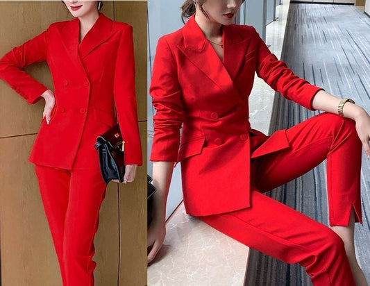 Red Office Pantsuit, Designer Woman Suit Jacket + Pants Silm Cut for Smart Casual/ Formal/ Event/ Party/ Work