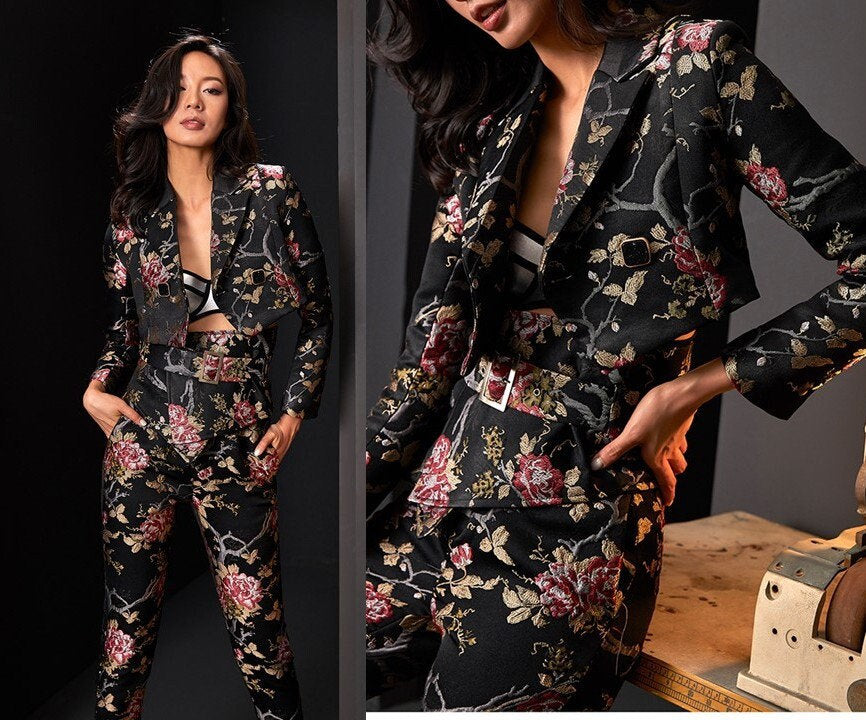 Women Floral Embroidery Suit Set, Subtle Pattern Deluxe Designer Suit Jacket & Pants Asian Style for Smart Casual/ Formal Event/Gift for her