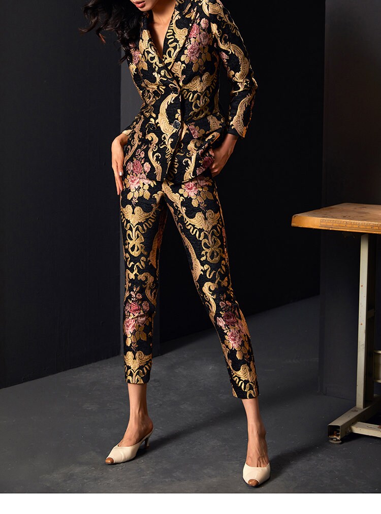 Women Floral Embroidery Suit Set, Subtle Pattern Deluxe Designer Suit Jacket & Pants Asian Style for Smart Casual/ Formal Event/Gift for her