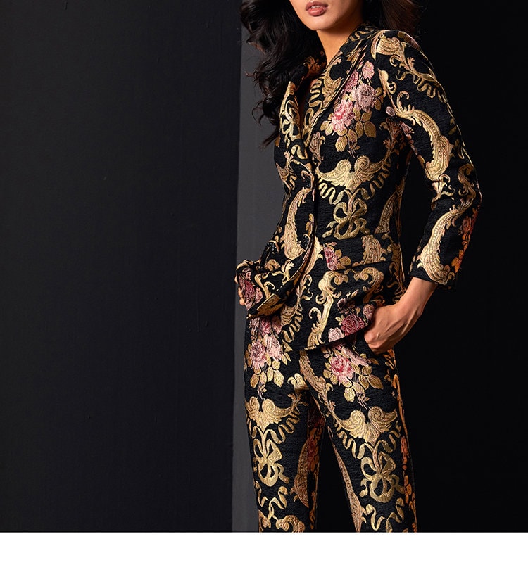 Women Floral Embroidery Suit Set, Subtle Pattern Deluxe Designer Suit Jacket & Pants Asian Style for Smart Casual/ Formal Event/Gift for her