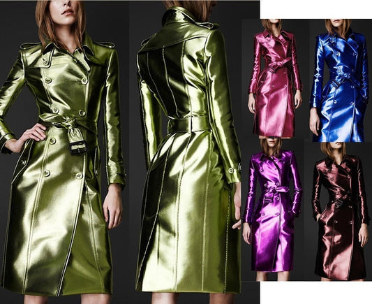 Women Shiny Long Trench Coat Designer Leather Raincoat Water Wind Reisitant Belted Patent Leather Smart Casual/Formal/ Gift for her