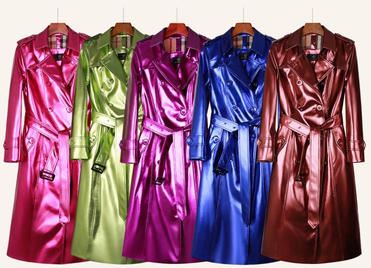 Women Shiny Long Trench Coat Designer Leather Raincoat Water Wind Reisitant Belted Patent Leather Smart Casual/Formal/ Gift for her