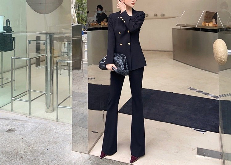 Black Slim Cut Pantsuit, Designer Suit Jacket + Pants, Flower Diecut Collar Sleeve Collar for Smart Casual/ Formal/ Gift for her