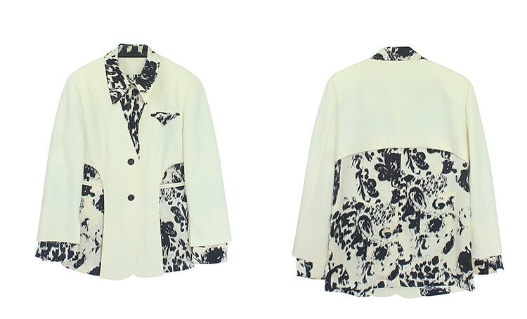 Women White Patchwork Blazer, Designer Suit Jacket Layered Pattern Modern Style for Smart Casual/ Formal/ Event Party/ Gift