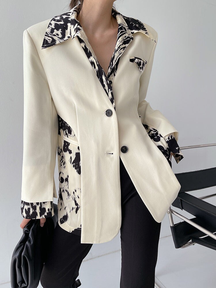 Women White Patchwork Blazer, Designer Suit Jacket Layered Pattern Modern Style for Smart Casual/ Formal/ Event Party/ Gift