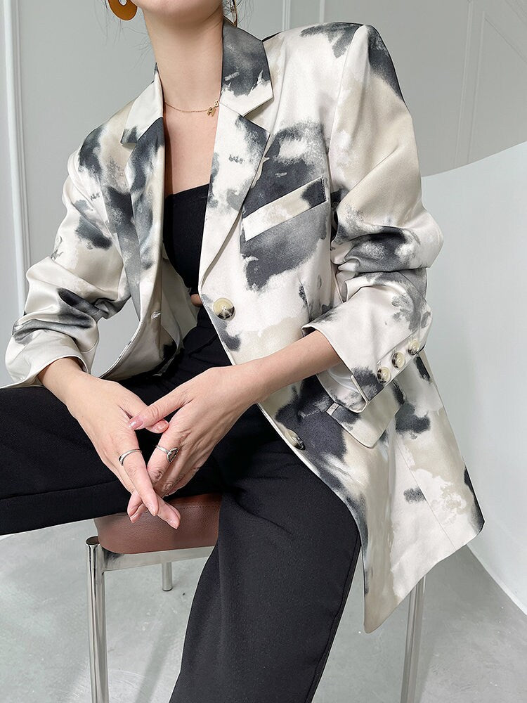 Ink Spray Pattern Blazer, Designer Women Suit Jacket Loose Fit for Smart Casual/ Formal/ Event Party/ Gift