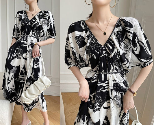 Chiffon Pattern Dress, Designer Women One Piece Outline Graphics Art Modern Stylish for Smart Casual/ Formal/ Party Event/ Gift