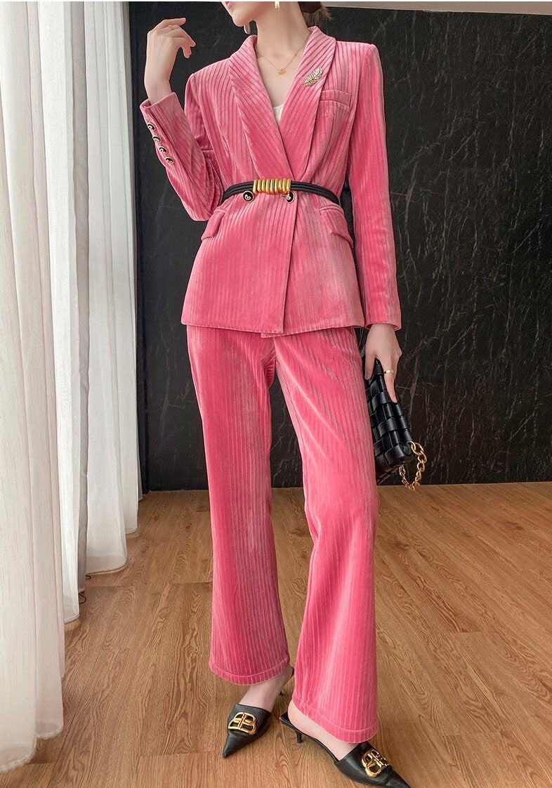 Pink Velvet Pantsuit, Designer Women Suit Jacket + Pants, Beford Cord Waistline for Smart Causal/ Formal/ Party Event/ Gift