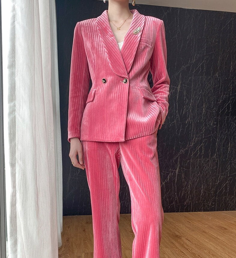 Pink Velvet Pantsuit, Designer Women Suit Jacket + Pants, Beford Cord Waistline for Smart Causal/ Formal/ Party Event/ Gift