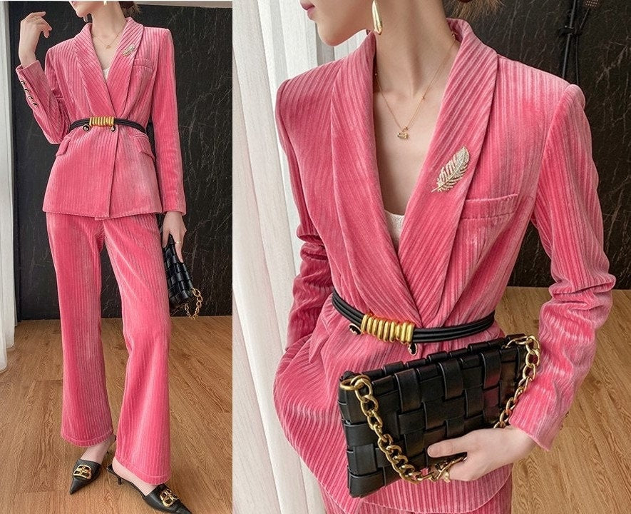 Pink Velvet Pantsuit, Designer Women Suit Jacket + Pants, Beford Cord Waistline for Smart Causal/ Formal/ Party Event/ Gift