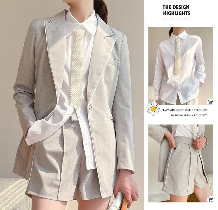 Light Gray Pantsuit, Women Designer Suit Jacket + Shorts + Blouse & Tie Minimalist Style for Smart Casual/ Formal/ Event Party/ Gift