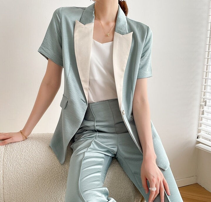 Light Blue Satin Pantsuit, Designer Women Suit Jacket + Pants Deluxe Shiny Surface for Smart Casual/ Formal/ Event Party/ Gift