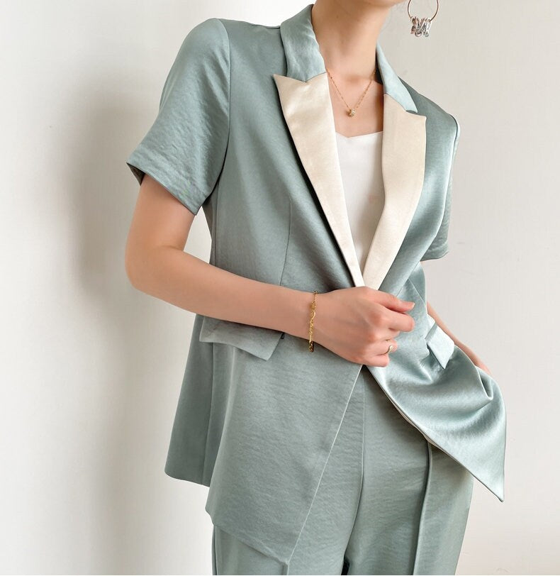 Light Blue Satin Pantsuit, Designer Women Suit Jacket + Pants Deluxe Shiny Surface for Smart Casual/ Formal/ Event Party/ Gift