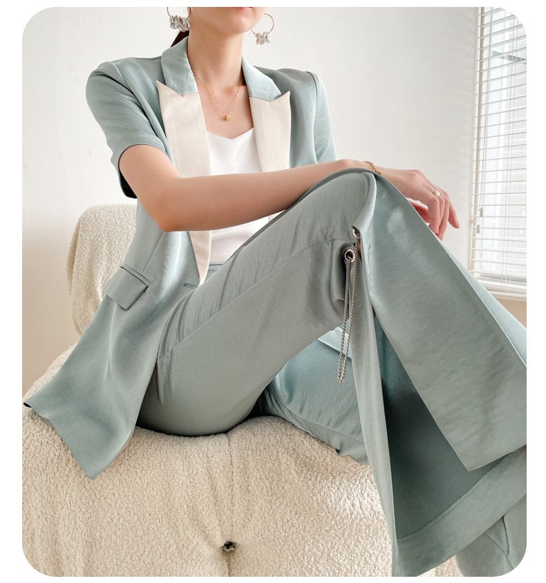 Light Blue Satin Pantsuit, Designer Women Suit Jacket + Pants Deluxe Shiny Surface for Smart Casual/ Formal/ Event Party/ Gift