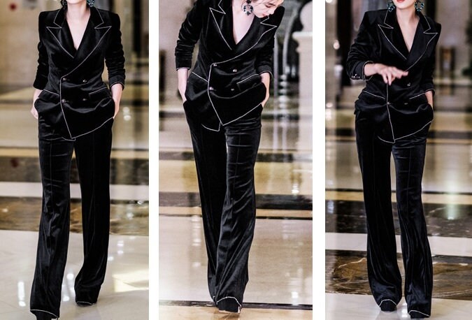 Black Velvet Pantsuit, Designer Women Suit Jacket + Pants Slim Cut Shiny Stones Decorated for Smart Casual/ Formal/ Event Party/ Gift